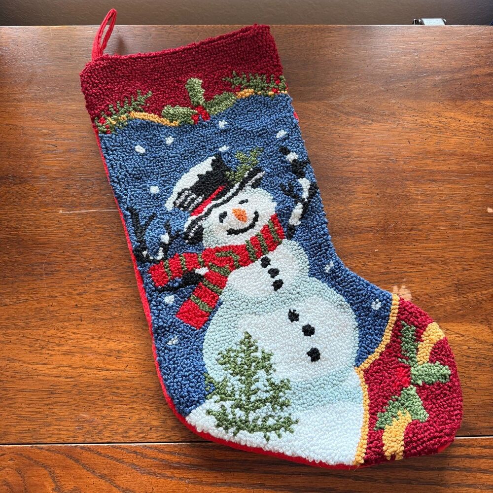 Glitzhome Handmade Lined Hooked Snowman Christmas Stocking with Scarf